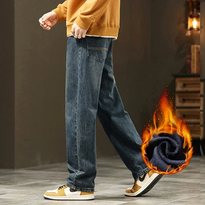 Thick Vintage Jeans Men's Winter Straight Warm Fleece Baggy Thermal Denim Trousers Fashion Korean Wide Male Plush Pants 5