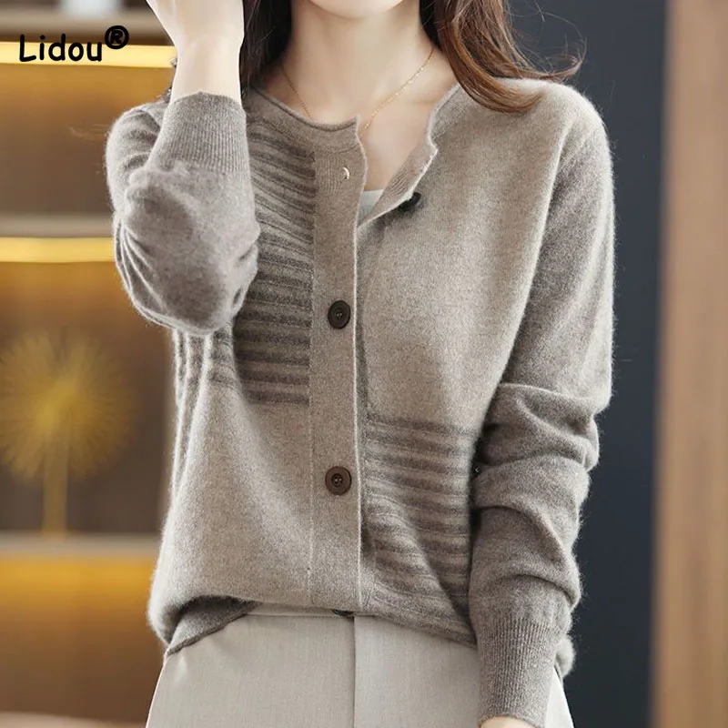 Women's Clothing Elegant Fashion Round Neck Button Knitted Cardigan Autumn Winter Loose Commute Female Striped Spliced Sweaters