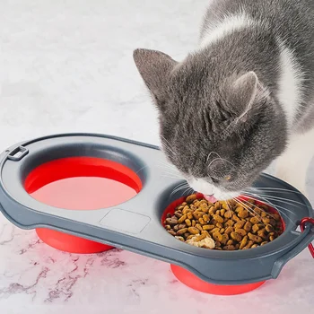 1pc Collapsible Silicone Cat and Dog Travel Bowls,2 in1 Foldable Pet Feeding and Watering Dish for Walking Hiking with Carabiner