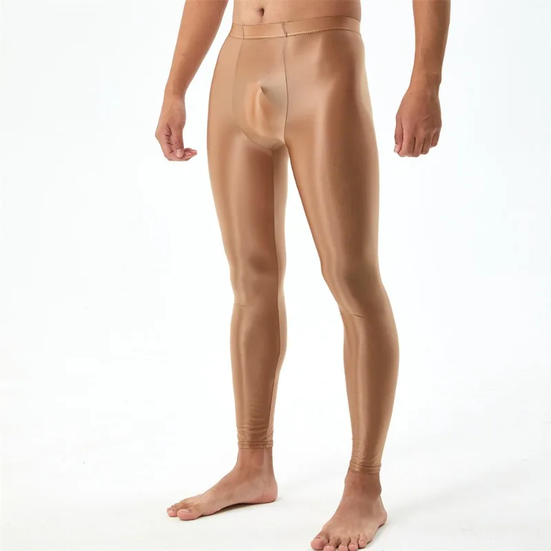 Glossy Satin Leggings Man Pants Gym High Waist Skinny Sheer Sexy Smooth Yoga Leggings See Through Sports Tights Men Trousers