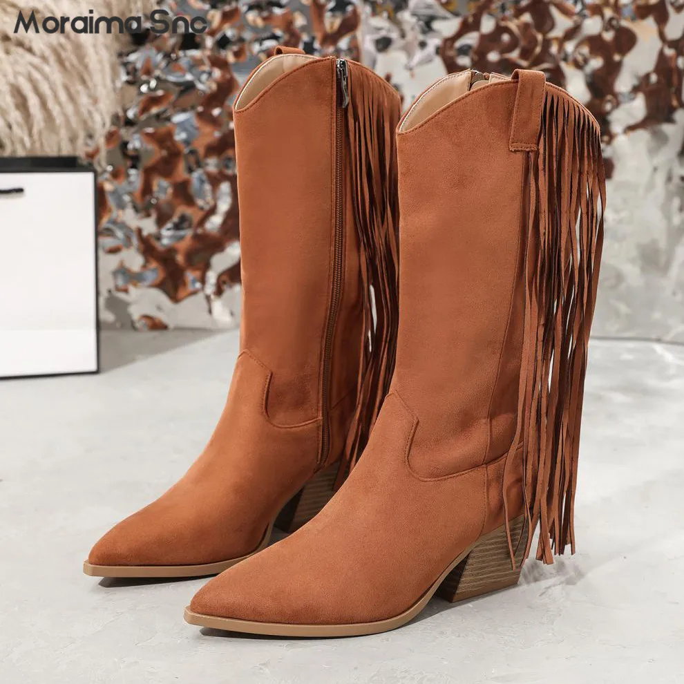 

New Brown Tassel Mid-Calf Boots Thick High Heel Western Boots Outdoor Street Retro Side Zipper Personalized Women's Boots