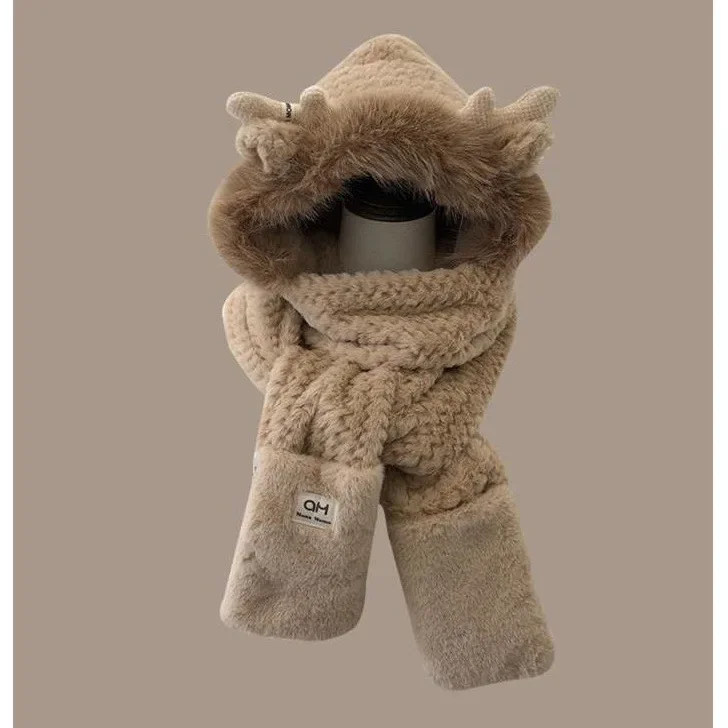 Fashion Elk Antlers Plush Hat Scarf Gloves Women's Winter Ear Protector Thickened Lei Feng Hat Cycling Ski Cap Wind Proof