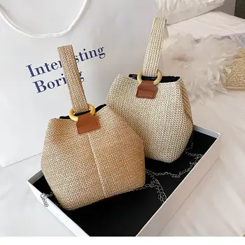 Designer Women Bags Woven Handbag 2024 Summer Woven Bucket Crossbody Chain Shoulder Bags Bohemian Female Handmade Rattan Tote