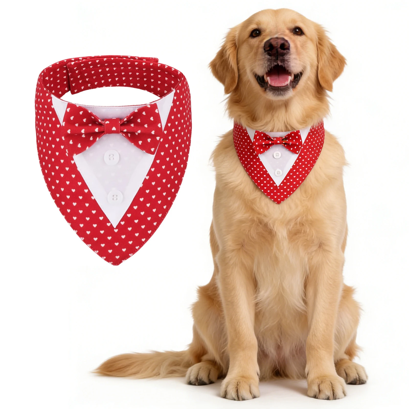 Sucado Valentinstag-Hundesmoking mit Bandana, Rotes Herz-Haustier-Smoking mit Fliege, Verstellbares Valentinstags-Kostüm für Kleine, Mittlere und Große Hunde – Detail 3
