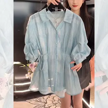 Camicia con colletto POLO in vita con lacci sbavata per donna Estate nuovo cardigan con maniche a sbuffo e top con diamanti