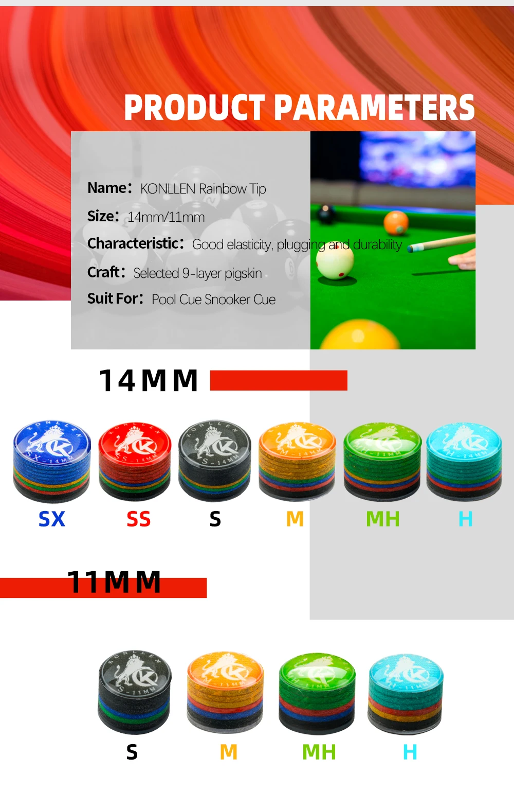 Description Picture 4 of itemKONLLEN Cue Tips Rainbow Tips 11/14mm 9 Multiple-Layers Snooker Hardness S/SS/SX/M/MH/H Billiards Pool Cue Billiard Accessories