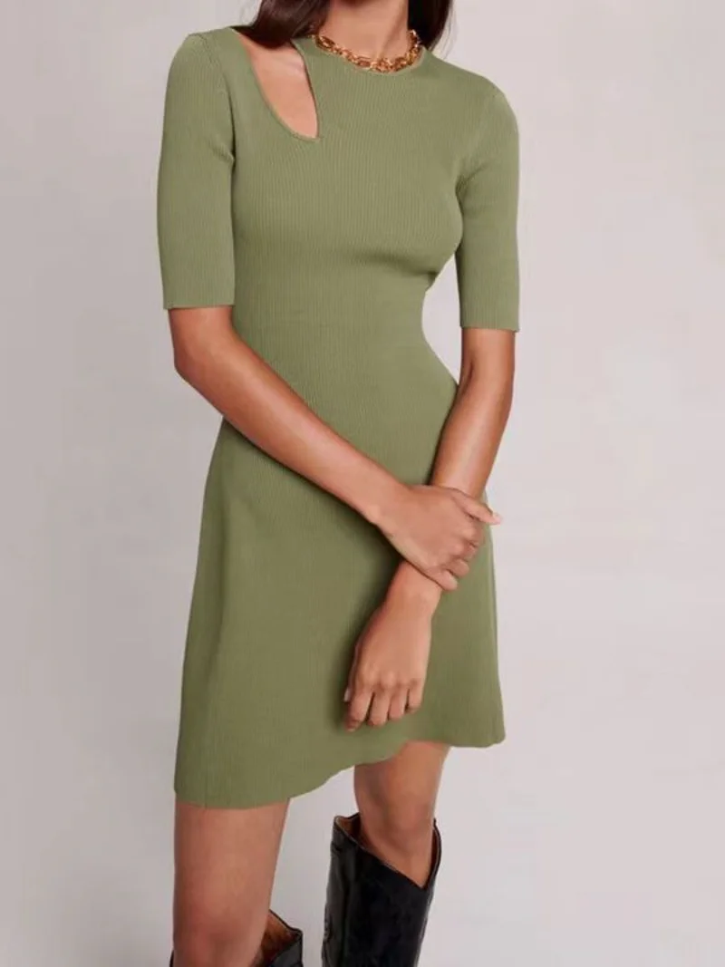 

Green A-line Short Dress 2023 Summer New French Design Sense Hollow Strapless Ice Silk Knitted Slim Dress Women