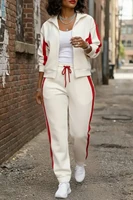 Ensemble pantalon deux pièces sportif blanc à manches longues avec fermeture éclair et poches, grande taille, pour le quotidien 3