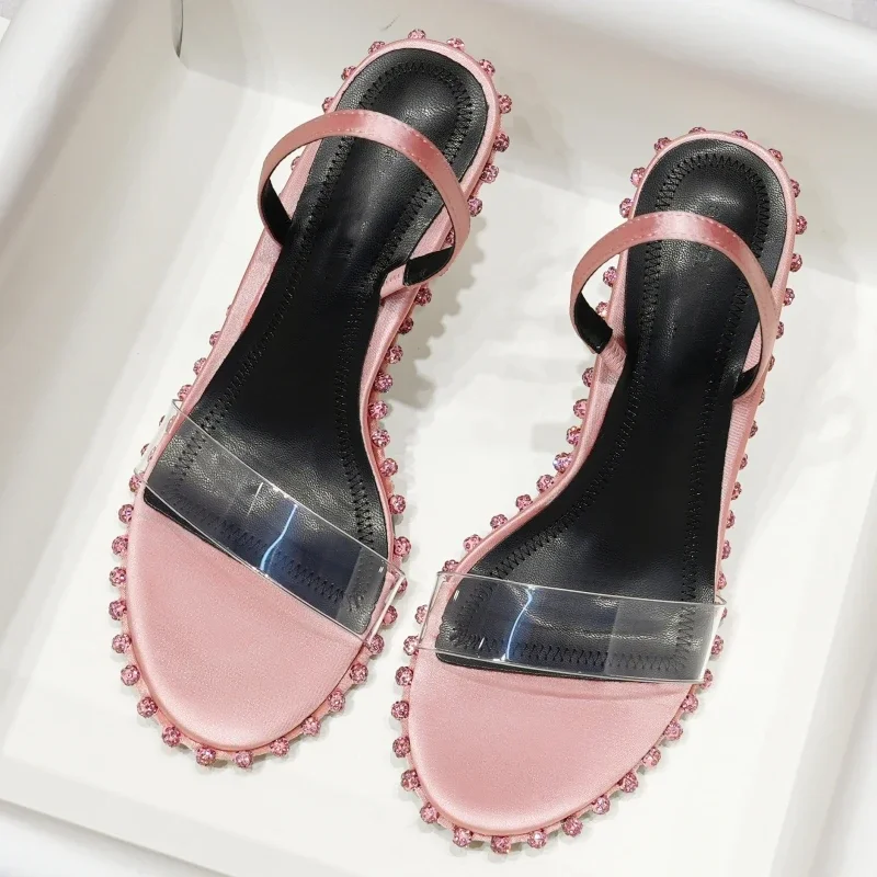 

New Summer Women's High Heels, Transparent Open-toe Straps, Genuine Leather Rhinestone Sandals, Outer Slippers