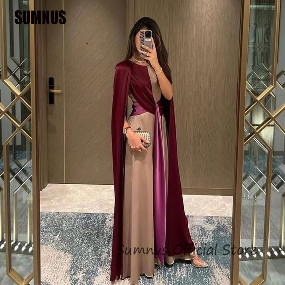 

SUMNUS Saudi Arabic Women Evening Dresses Long Cape Sleeves Red And Nude O-Neck Simple Formal Prom Party Dress Vintage Outfit