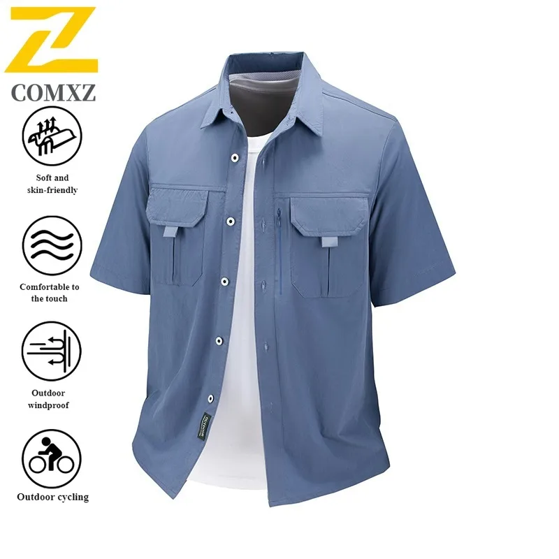 Spring Men's Ice Silk Camp Shirt Breathable Short Sleeve Utility Shacket with Multi-Pockets for Outdoor Streetwear Sports Jacket