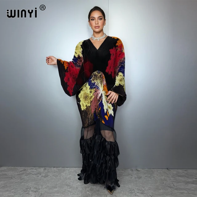WINYI Pleated Elastic Loose Dress Beach Cover Up Abaya Dubai Luxury Party Dress Fashion Evening Dress Abaya Muslim Woman Kaftan 1