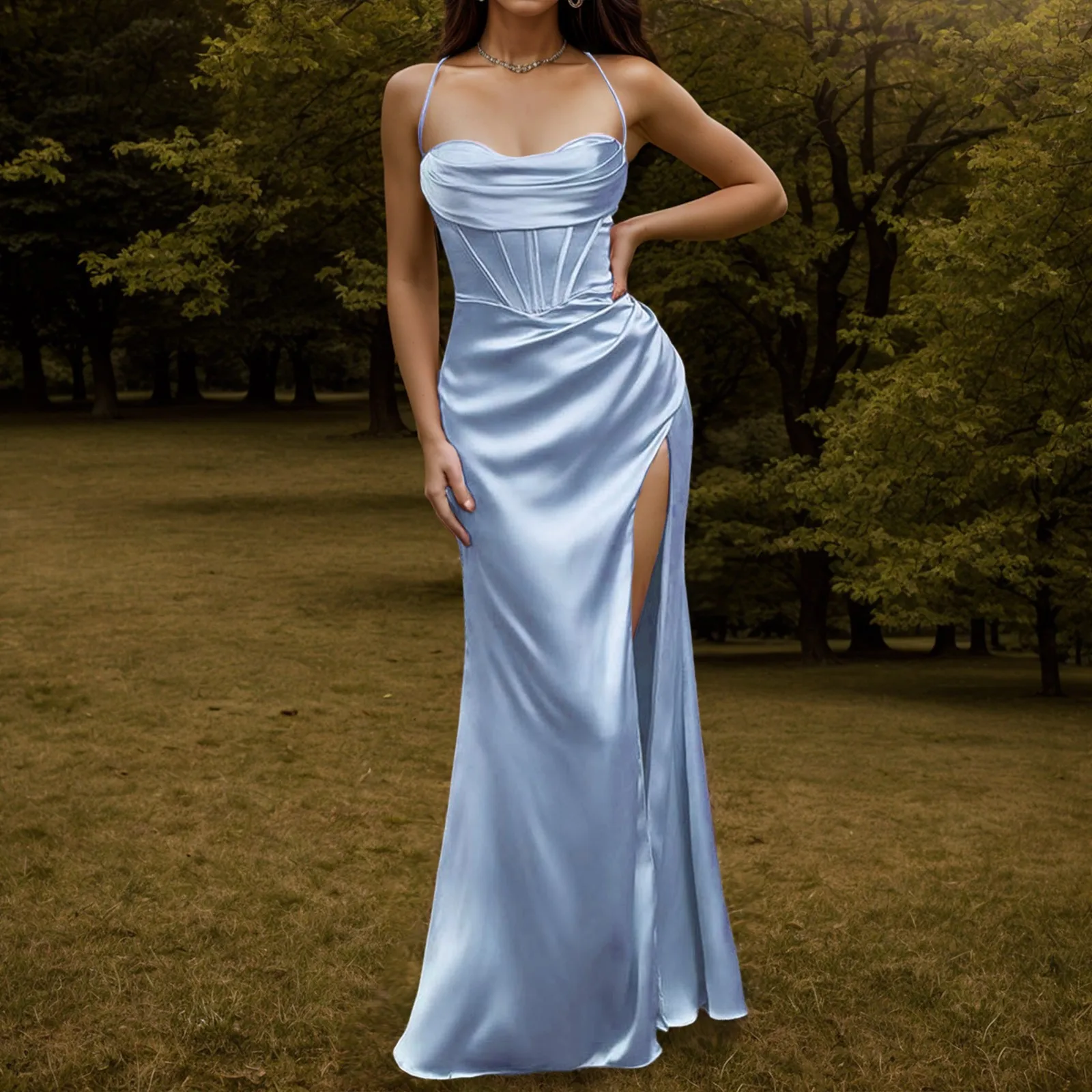 

Women's Sexy Backless Satin Corset Maxi Prom Dress Silky Strap Vestidos Push Up Fishbone Ruched Evening Party Long Dresses