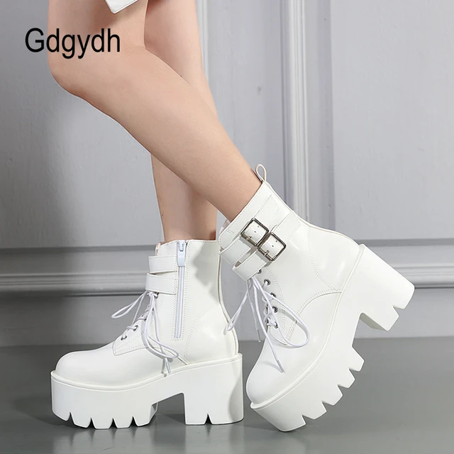 White Chunky Lace Up Ankle Boots | Ally Fashion