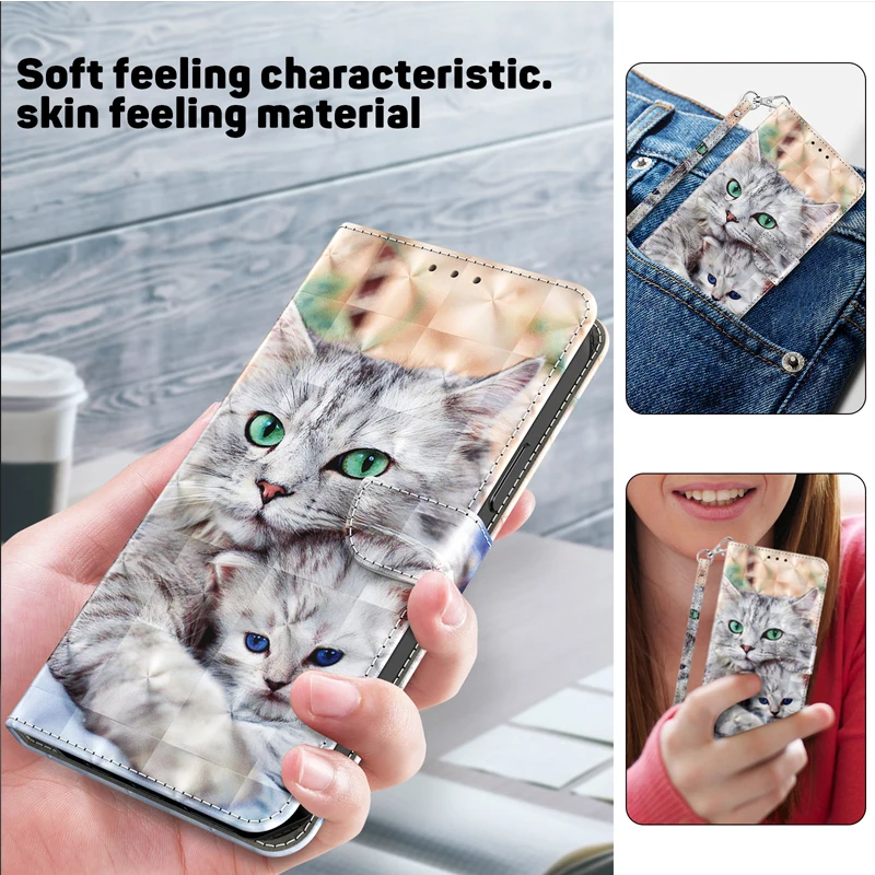 3D Cat and Dog Flower Magnetic Flip Leather Phone Case