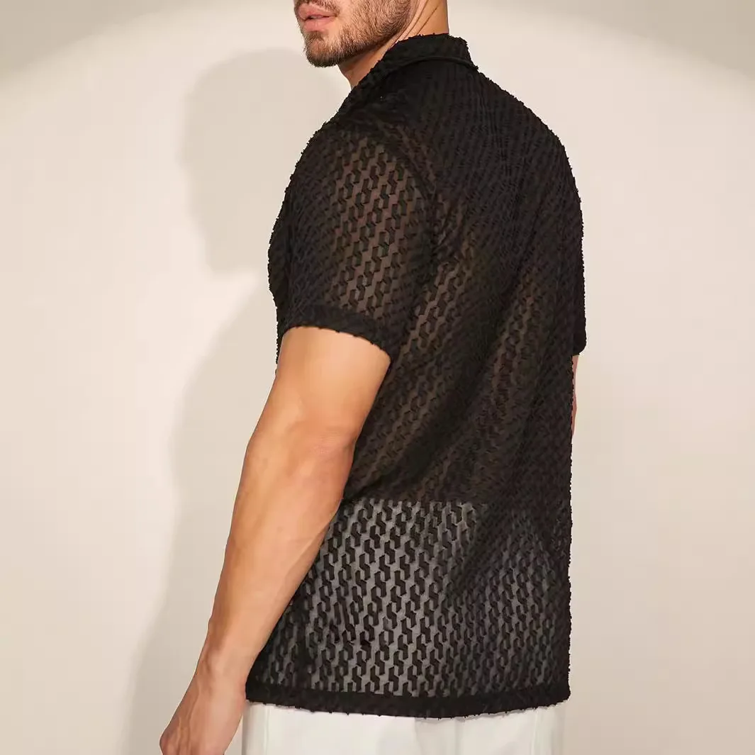 Mens Fashion Hollow Out Jacquard Mesh Shirt Short Sleeve Lapel Button Sheer Sexy Summer Breathable Casual Party Streetwear Tops