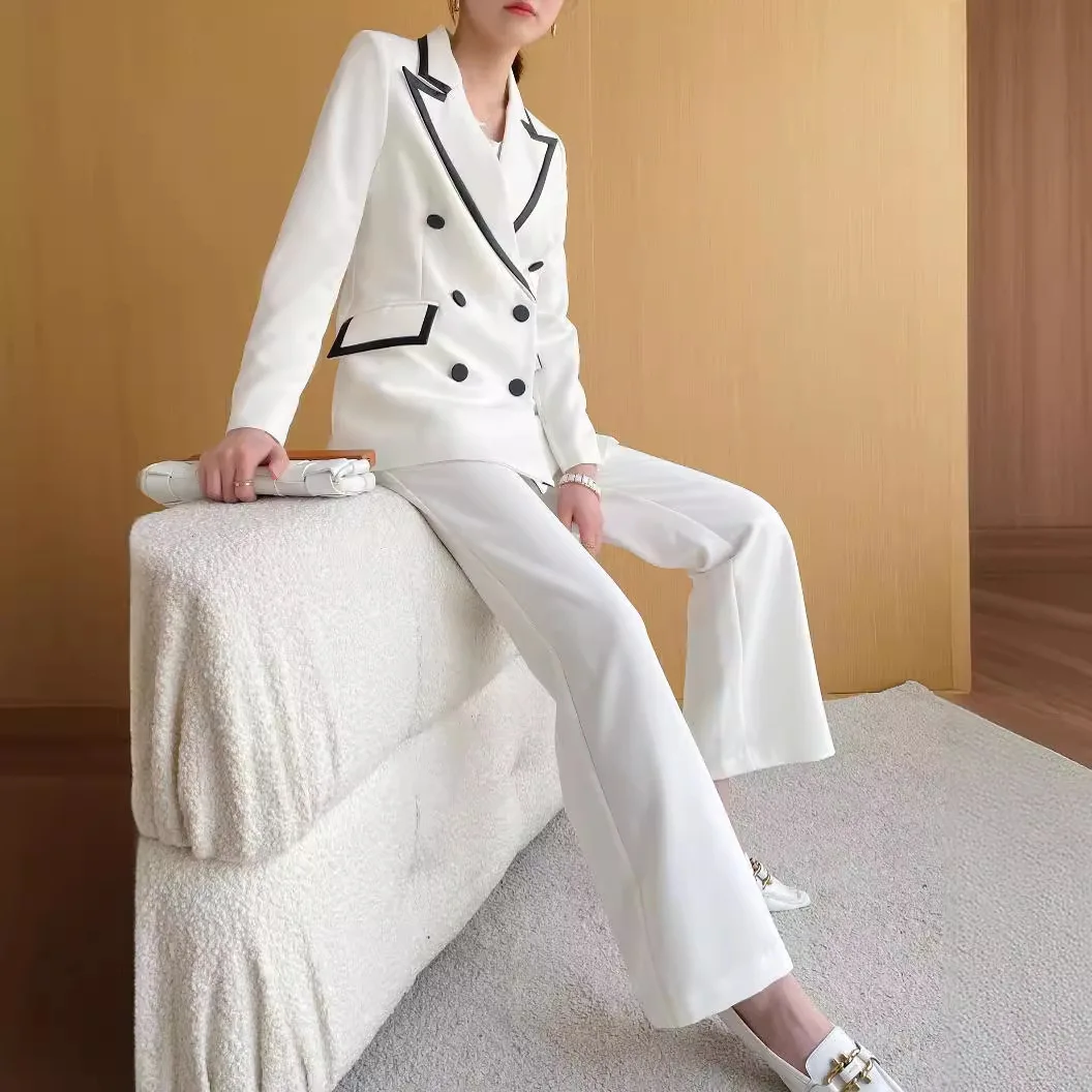 White Women's Outfits 2024 Autumn New High-End Fashionable Lapel Double Breasted Suit Pants Temperament Commute Two-Piece Set