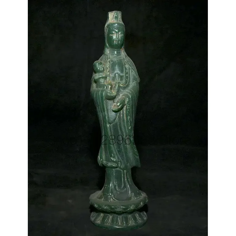 

10,4 "старая китайская зеленая Нефритовая резная подставка Гуань Инь ручная статуя Tongzi