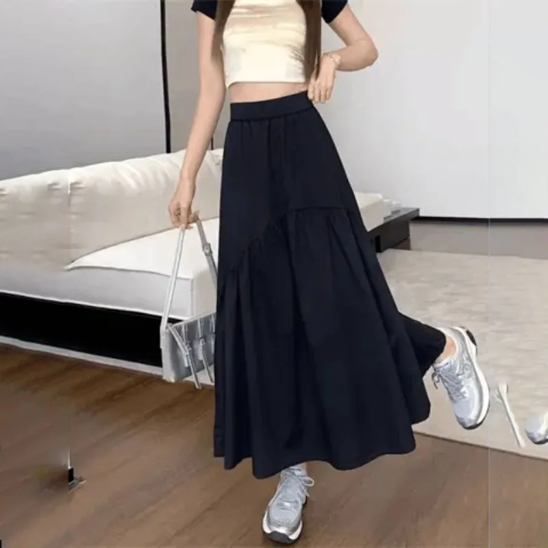 

Summer Skirts Women's High-End Draped Elastic Waist Stitching Skirt 2024 New Thin Slimming High Waist Mid-length A- Line Skirt