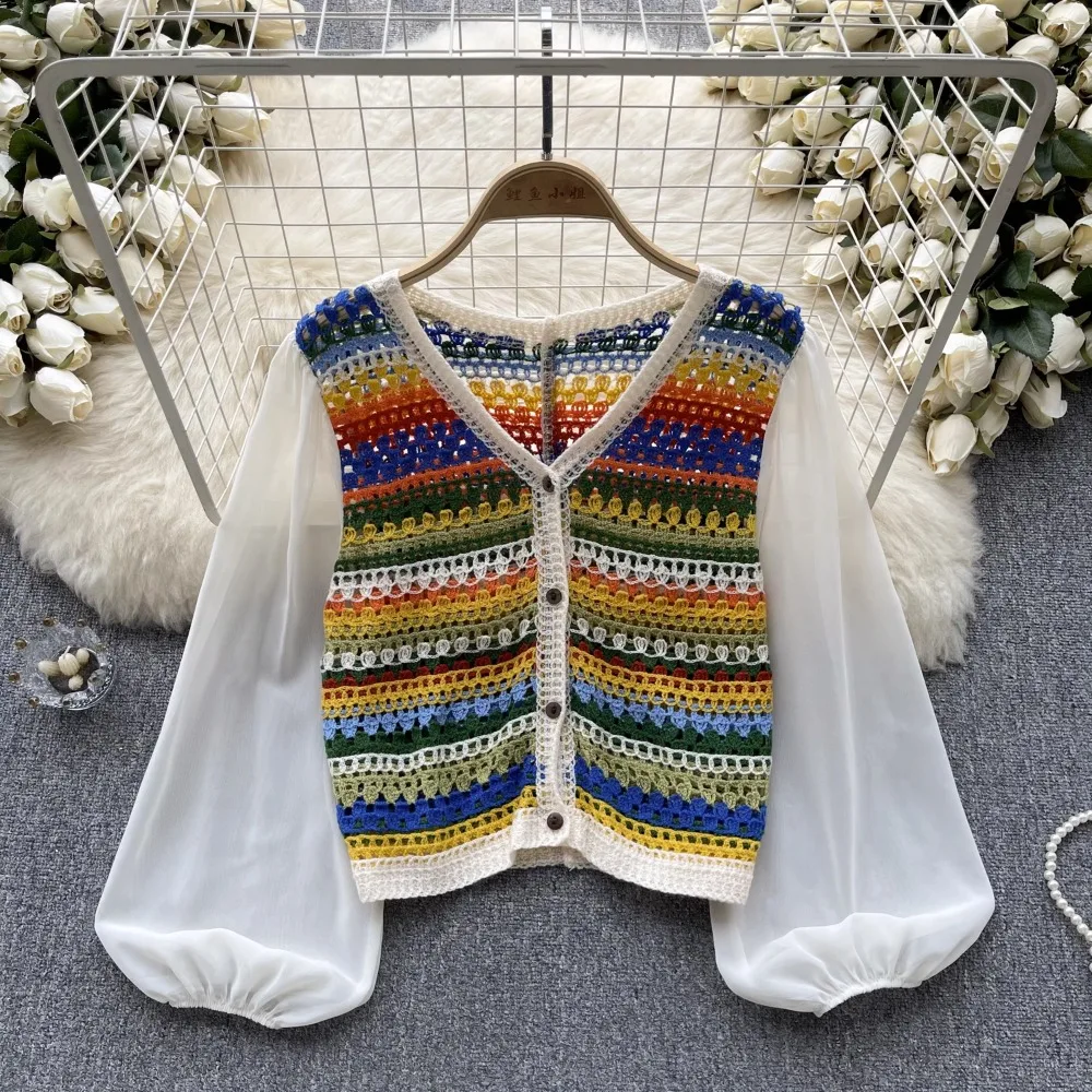 Blusa de manga larga de tul para mujer, camisa de ganchillo