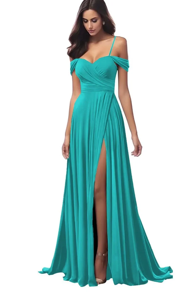 GDYBAO Womens Spaghtti Strap Birdesmaid Dresses With Slit Long Pleated Chiffon Prom Dress A-Line Drop Shoulder Evening Gowns 4