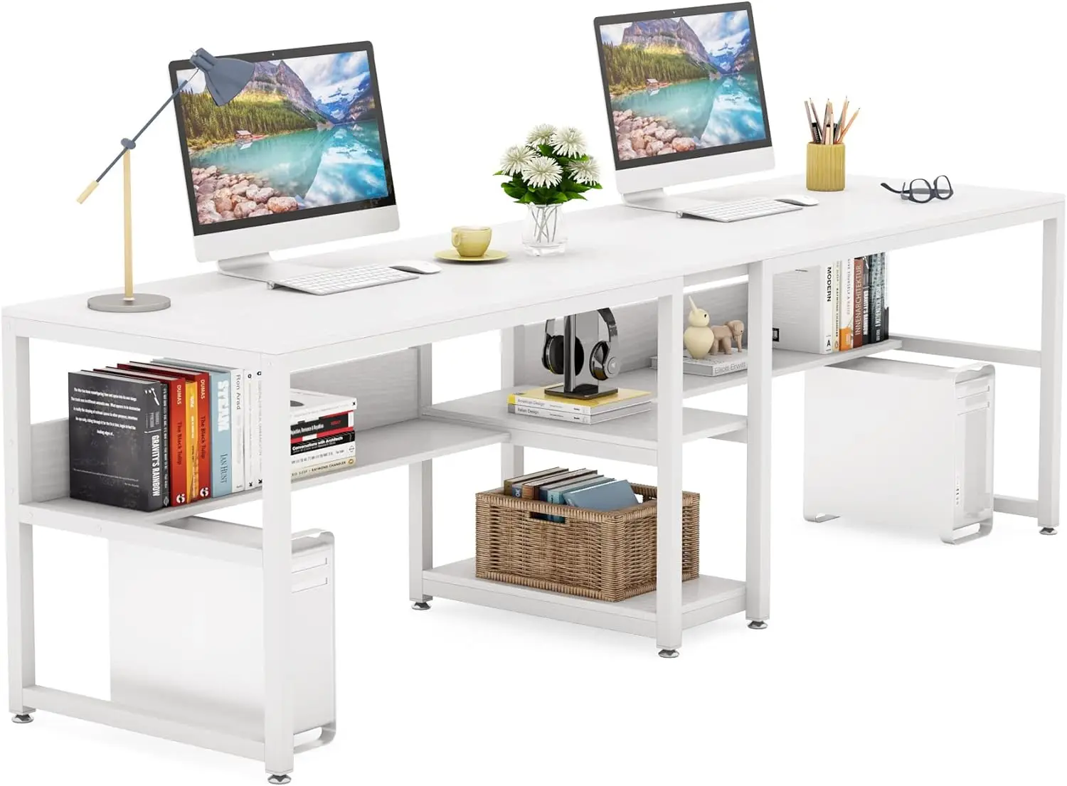 

Tribesigns Two Person Desk with Bookshelf, 78.7 Computer Office Double Desk for Two Person, Rustic Writing Desk Workstation