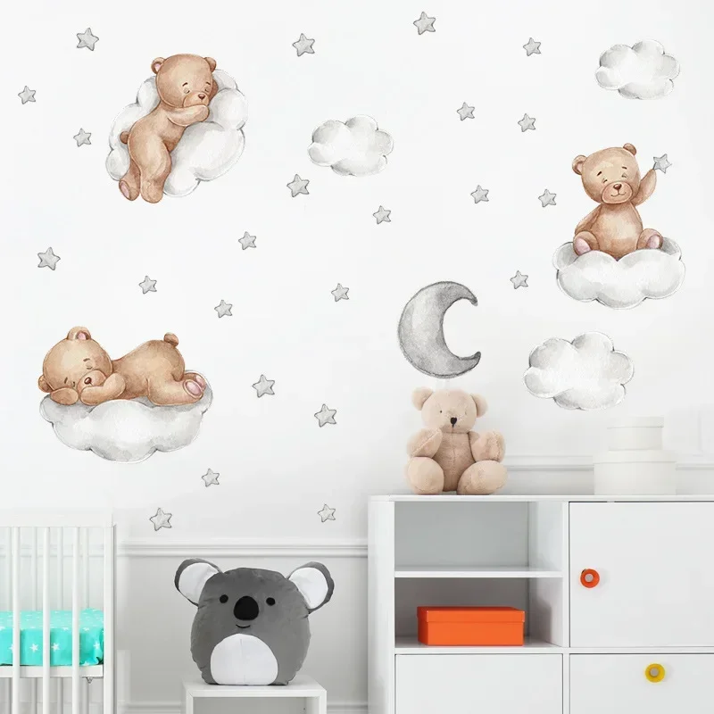 Cartoon Bear Good Night Kids Wall Stickers Baby Room Children Bedroom Wall Decals Clouds Moon Home Decoration Nursery Wallpaper