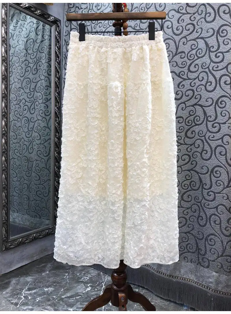 

2022 Autumn Fashion Lace Skirts High Quality Ladies Elastic Waist Appliques Flower Deco Mid-Calf Length Apricot Black Skirts