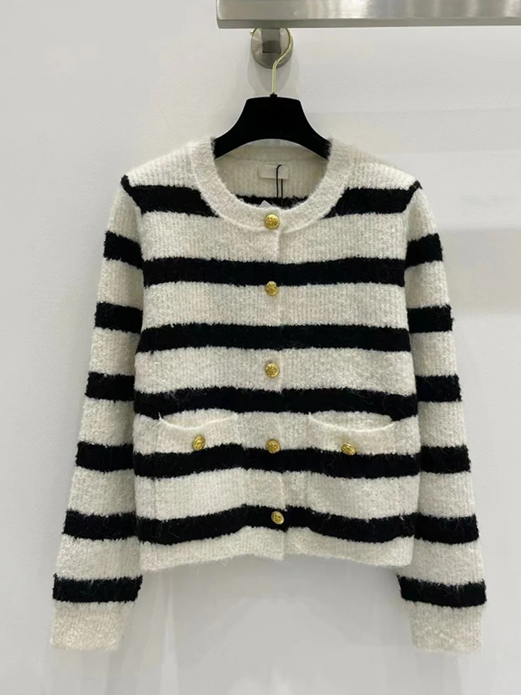 

Designer retro horizontal stripes wool round neck cardigan women's new autumn and winter fashion all-match knitted sweater coat