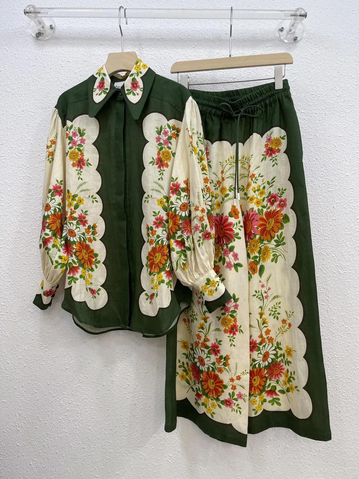 

100% Linen 2024 Women New Floral Printing Lantern Sleeve Turn-down Shirts and Long Wide Leg Pants SetsLuxury Bohemian Vintage