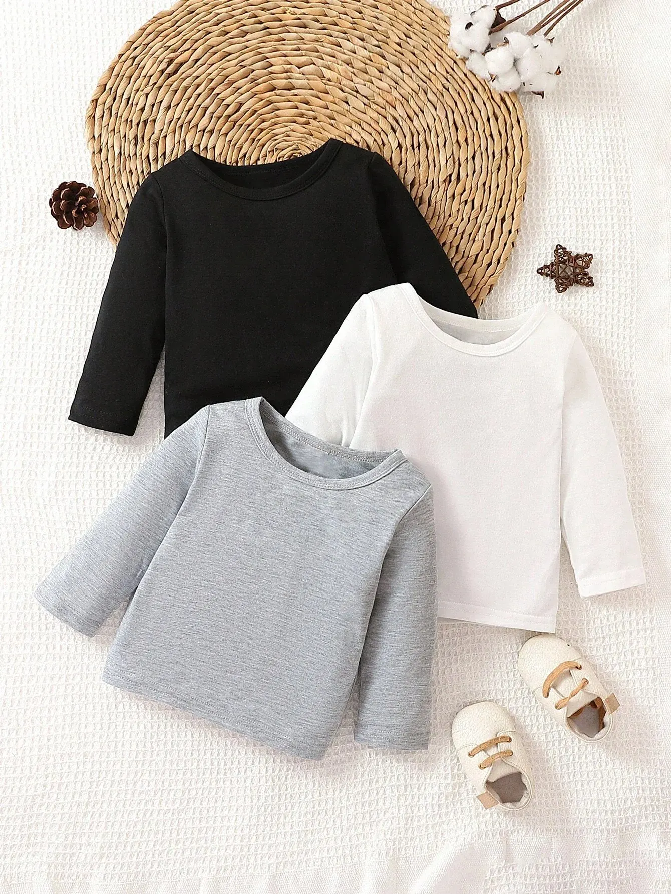 3-piece Autumn/Winter Baby Girls Boys Jumper Set Warm Soft and Comfortable Base T-shirt Casual Solid Color Long Sleeve
