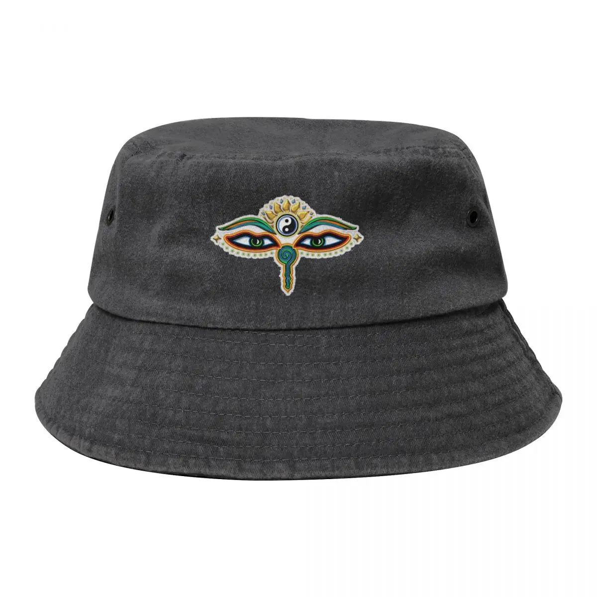 

Buddha Eyes Yin Yang Lotus Flower Symbol Wisdom And Enlightenment Cowboy Denim Fisherman Hat With Printing