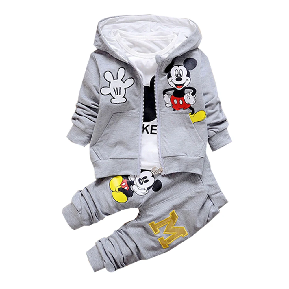 thumbnail image 1 of Disney-Conjunto de 3 piezas para niños, ropa con estampado de dibujos animados de Mickey Mouse, trajes para niños pequeños de 1 a 4 años, chaqueta informal con capucha, pantalones, conjuntos de camisa, 1 of 5
