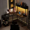 L Shaped Gaming Desk with LED Lights & Power Outlets, Reversible L Shape Computer Desk with Storage Drawer & Shelf 1
