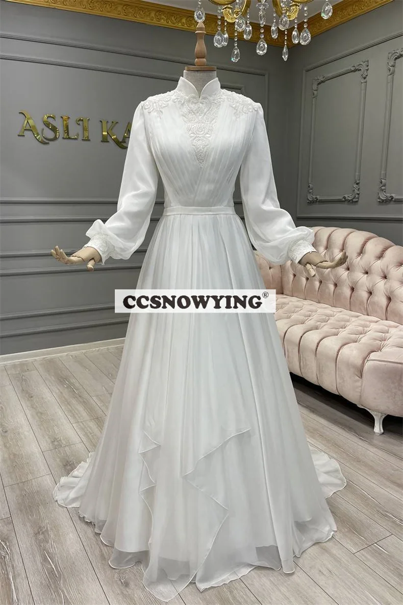 

Elegant Chiffon Appliques Muslim Wedding Dress for Bride Long Sleeve High Neck Hijab Bride Gown Dubai Arabic Vestidos De Novia