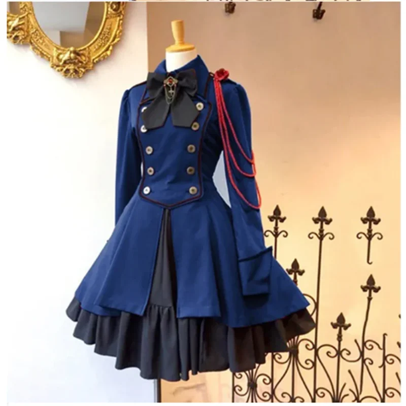 2024 Vintage Gothic Lolita Dress OP Ruffle Bow tie Button Lace Up Knee Length Dress Long Sleeve Sweet Dress 5