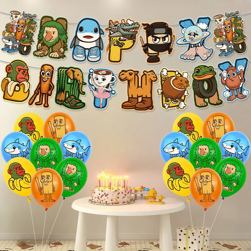 32 Pcs Ensemble De Fournitures De Fête Italian Brainrot Birthday Decorations, Décoration D'Anniversaire Tung Tung Sahur Fournitures De Fête à Thème Avec Bannière Ballons Décorations De Cupcakes