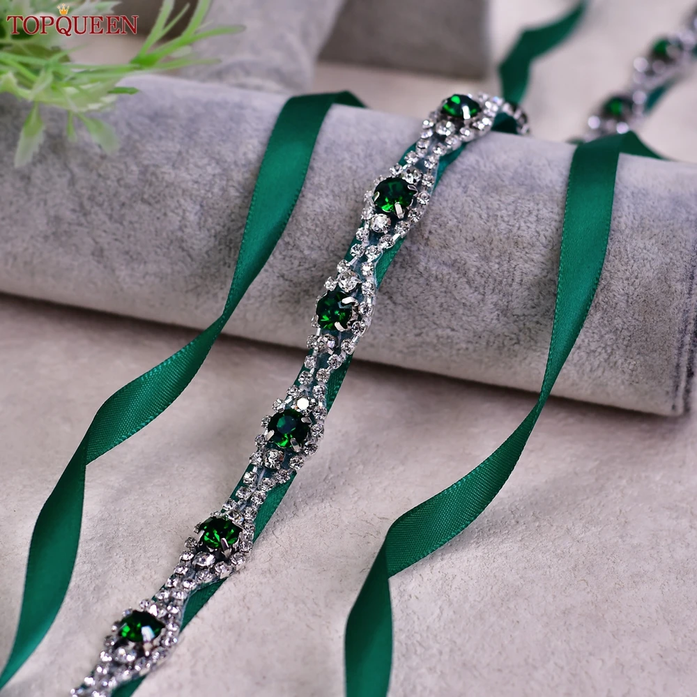 

TOPQUEEN Wedding Dress Belt Green Diamond Belt Handmade Bridal Accessories Rhinestones Appliques Moroccan Caftan Arab Sash S30