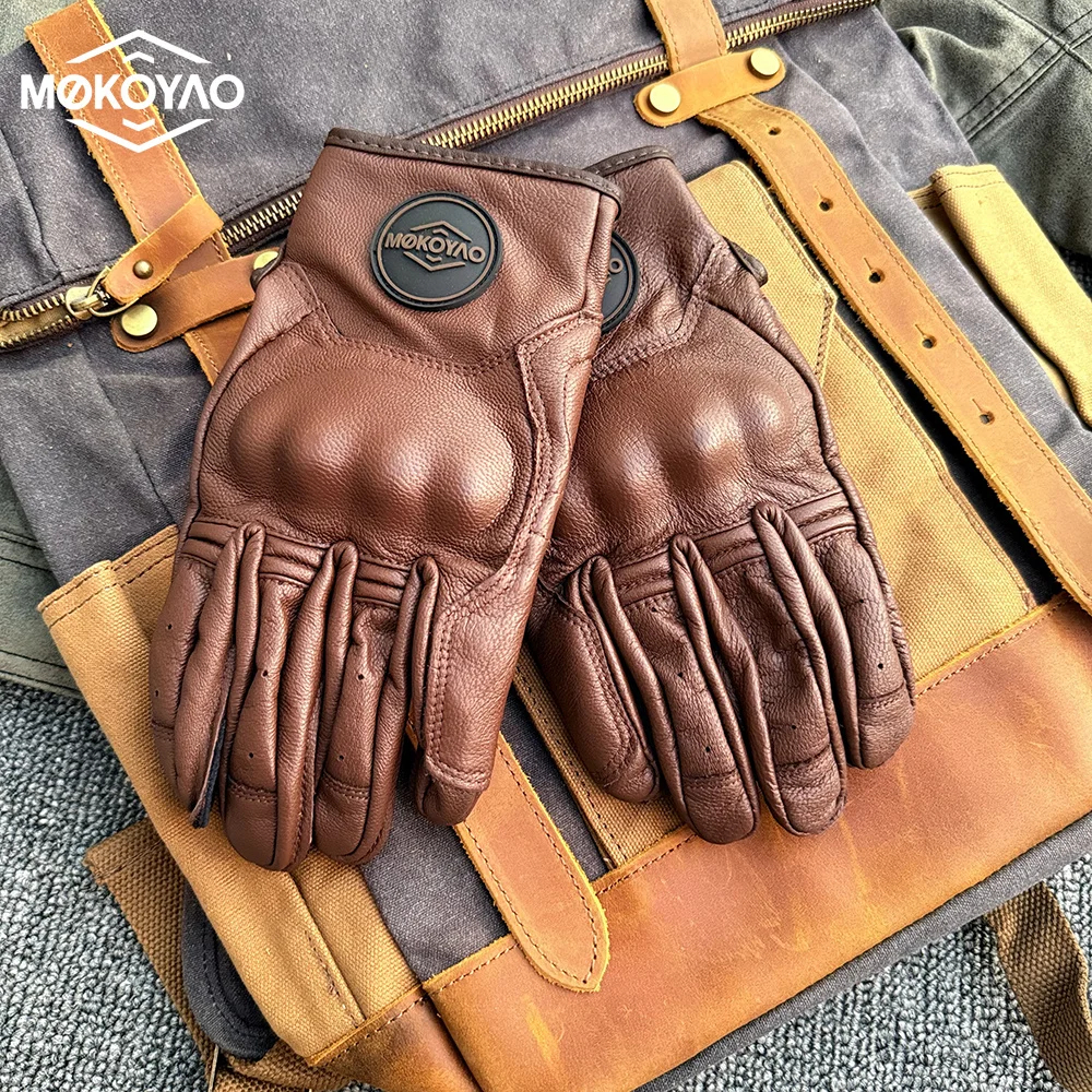 Vintage Brown Leather Motorcycle Gloves - Unisex Anti-Slip, Breathable, Touchscreen-Compatible Racing Gloves