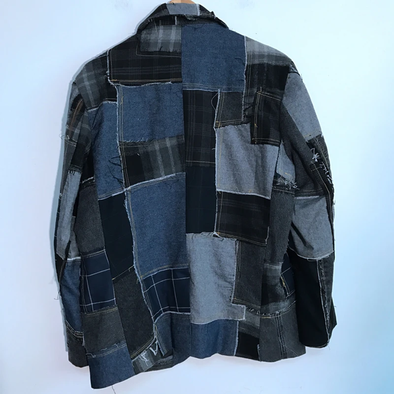 Autumn Men's Denim Plaid Raw Edge Stitching Blazers Patchwork Design Cool Motorcycle Creativity Casual Button Coat 21Z1406