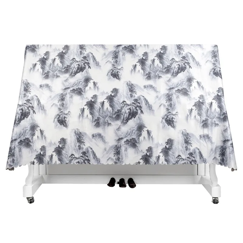 

New Chinese Style Flange Short Velvet Half Draped Piano Cover, Ink Landscape Painting, Vertical Piano Dust Cover, Ground Piano C