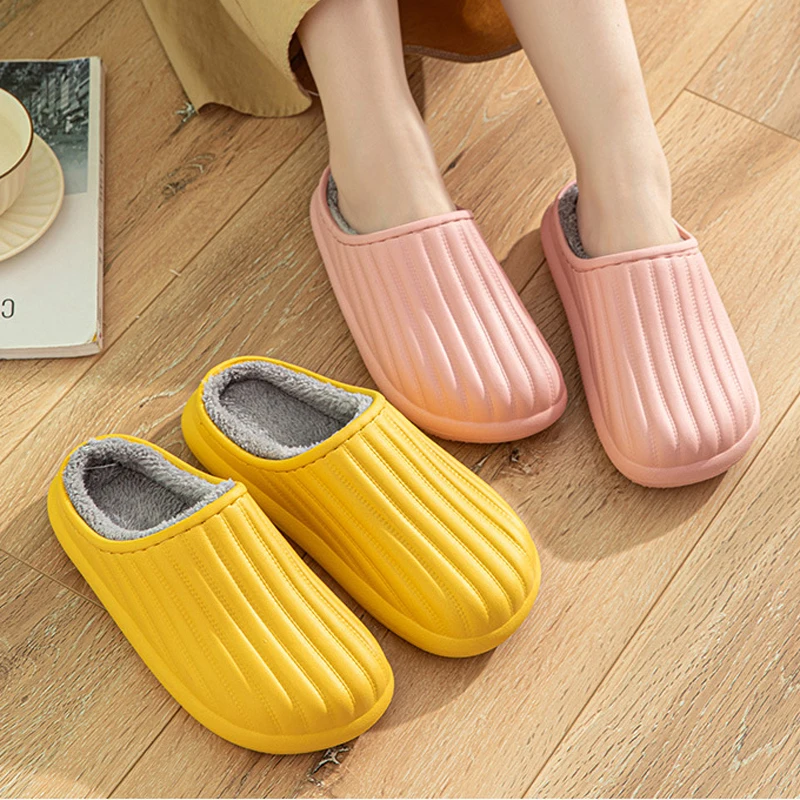 Shevalues Furry Cotton Slippers Women 2023 Winter Waterproof Leather Fur Slippers Indoor Comfortable Plush Couple Casual Slides