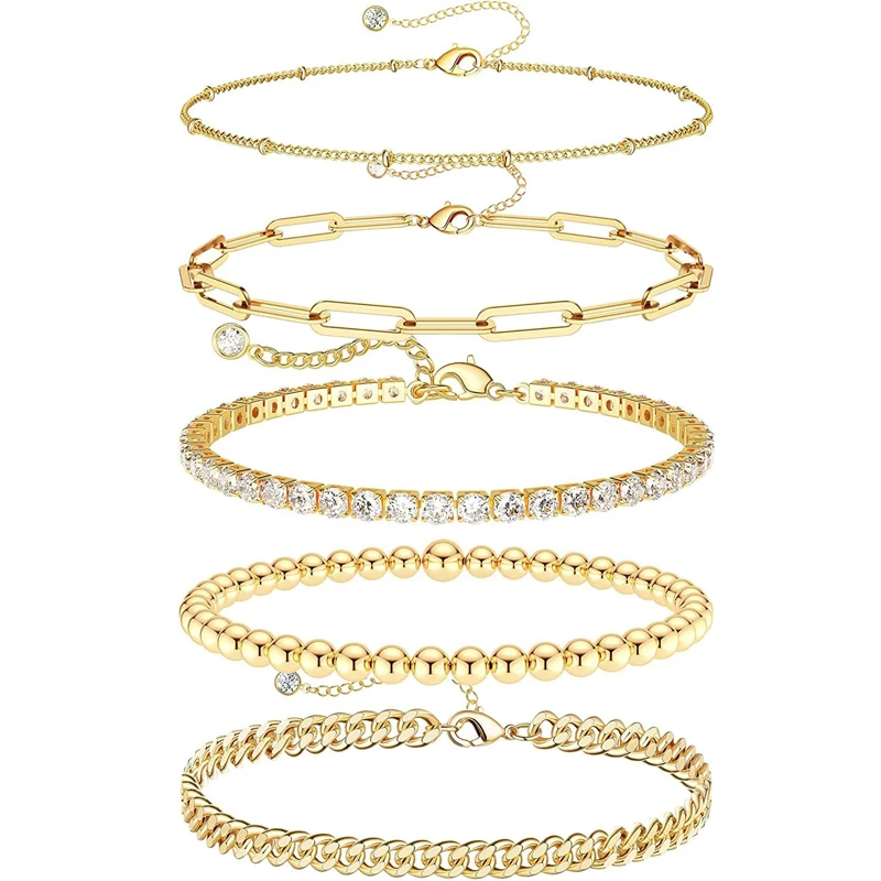 14K Real Gold Plated Titanium Bracelets Sets Cute Tennis Beaded Cuban Link Paperclip Chain Bracelet Pack Gifts for Women Girls 1