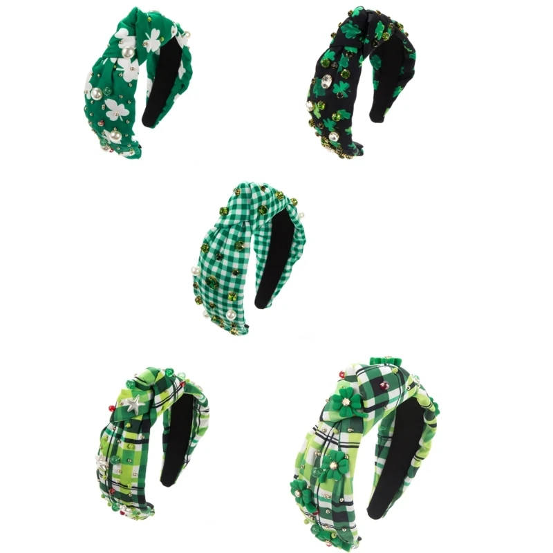 

Fashion StPatricks Theme Headband for Women Girl NonSlip Checed Knot Headband Glass Drill Hair Hoop Party Supply