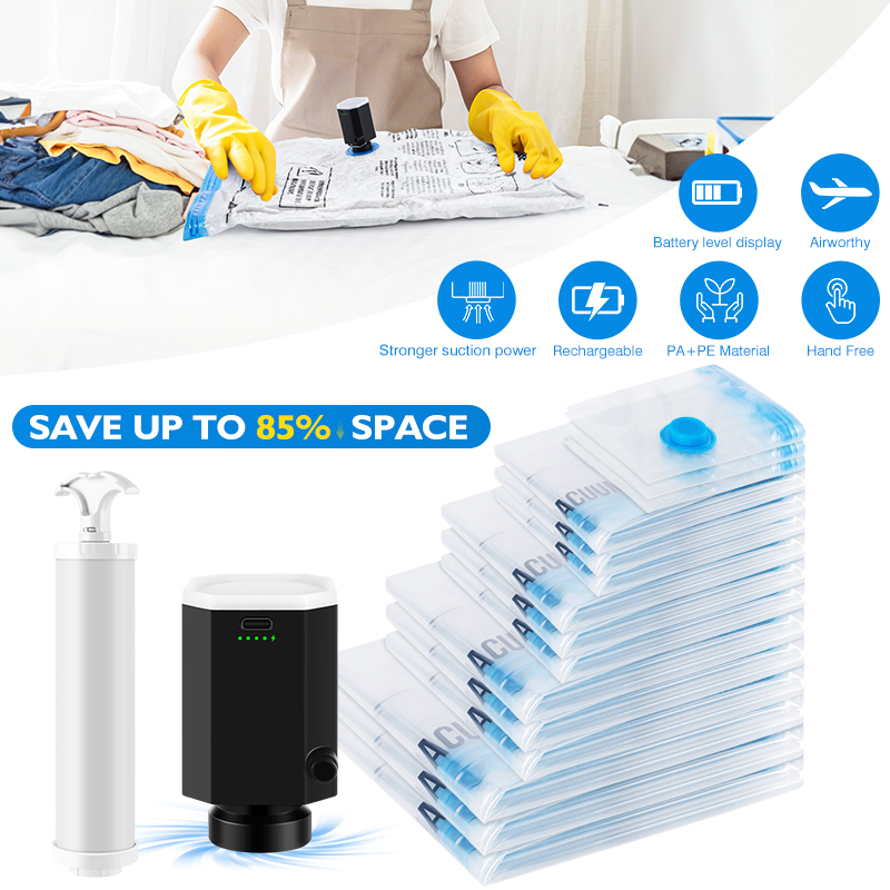 10pcs Various Size Vacuum Storage Bags And Cordless Electric Pump  Space Saver Bag for Travel Home clothing Compressed Organizer
