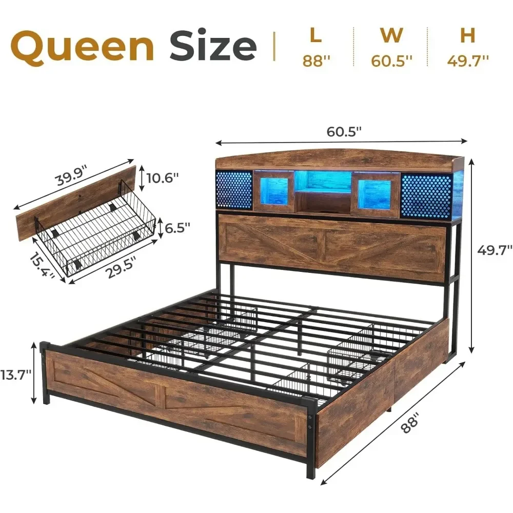 LED Queen Size Bed Frame with Tall Storage Headboard & 4 Drawers, Platform Metal Bed Frame with Sliding Acrylic Door 3
