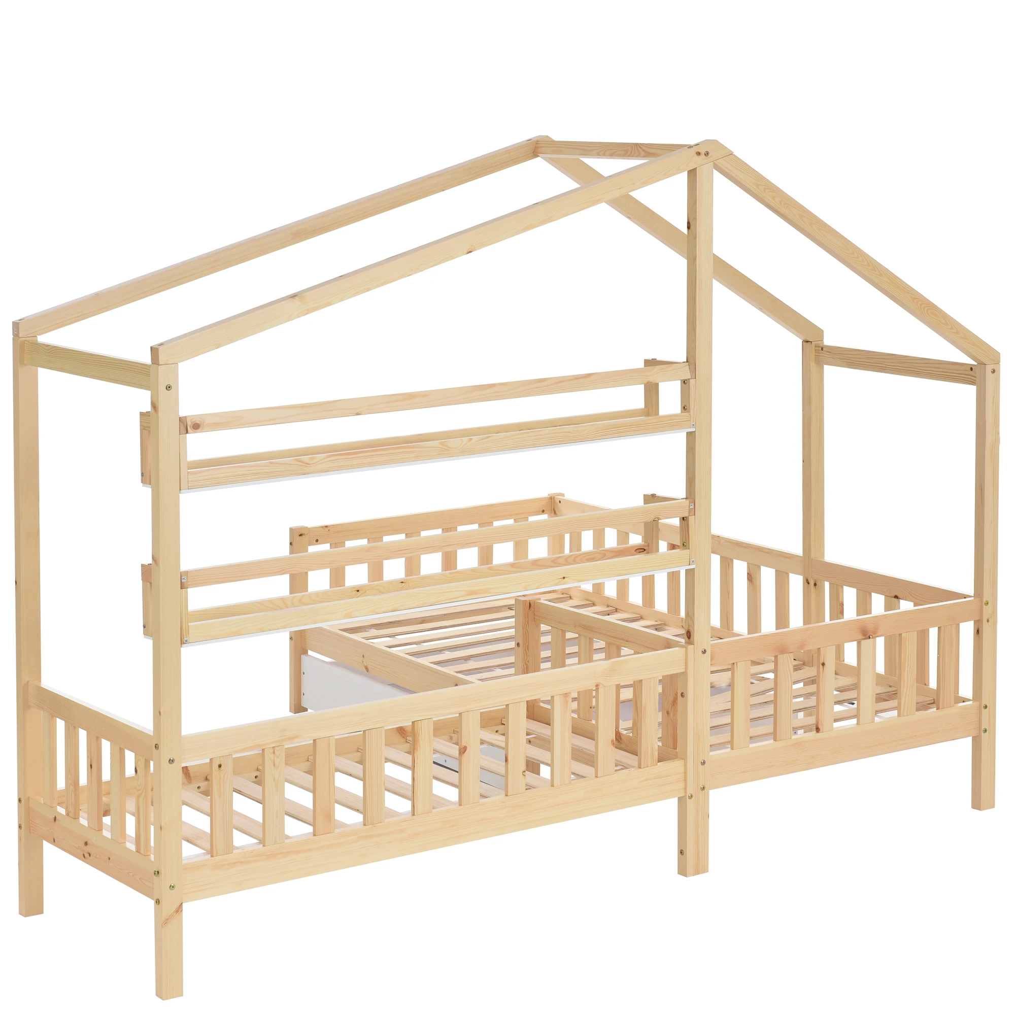 Kinderhausbett mit Schubladen und Regalen, Massivholz mit Zaun und Lattenrost, L-Form, naturfarben (90x200 cm+140x70cm) – Detail 15