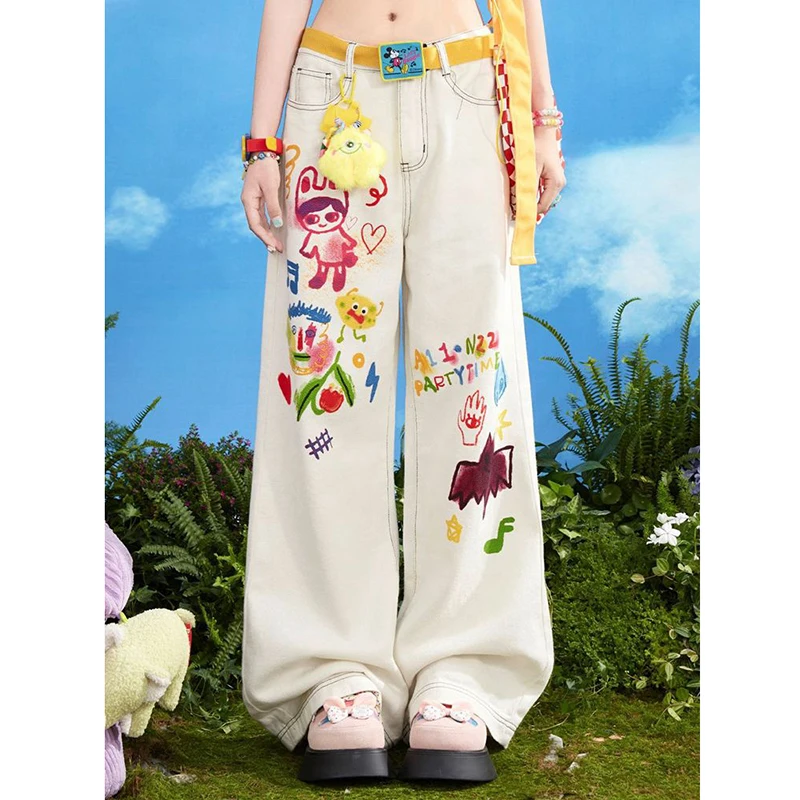 

White Wide-legged Jeans Women Summer Niche Design Cartoon Print High-waisted Loose Thin Straight Drag Pants Female