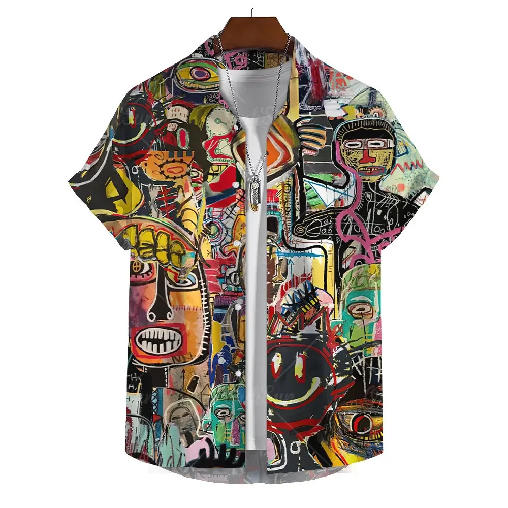 Street Fashion Graffiti Print Men's Casual Short Sleeve Shirt Summer Hawaii Beach Vacation Men's Shirt Oversized Tops