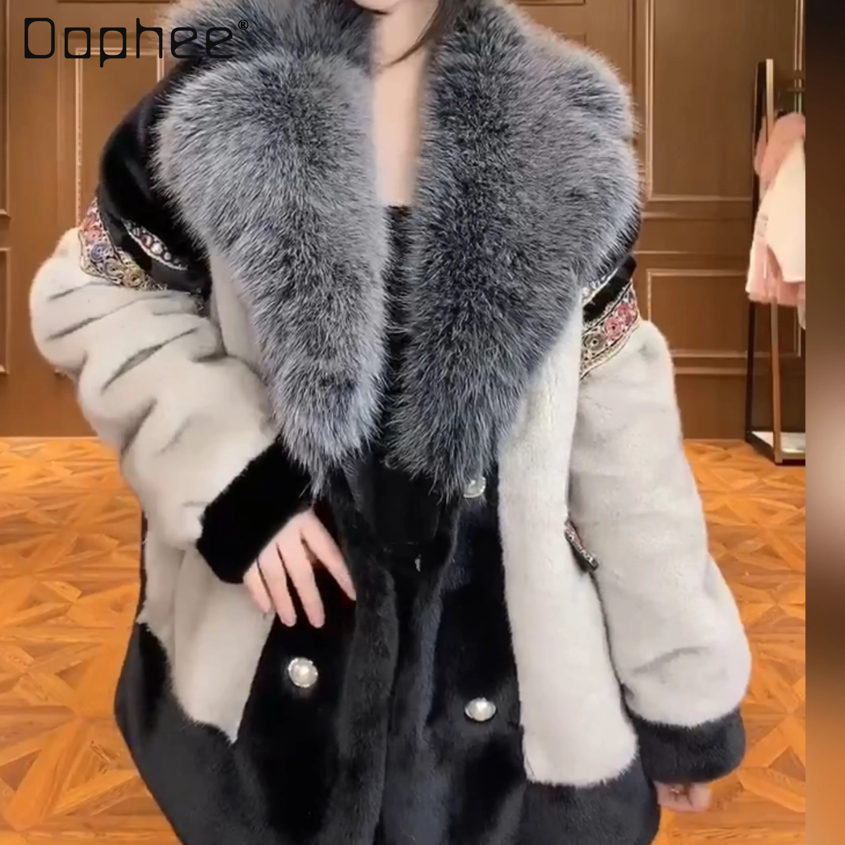 

2022 Winter New Long Sleeve Fur Coat Female All-in-One Warm Keeping Heavy Embroidery Sequins Casual Trend Big Fur Collar Coat